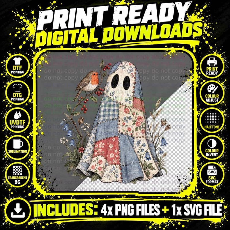 Patchwork Ghost Robin Cottagecore Folk Vintage Quilt Png SVG Digital Bundle