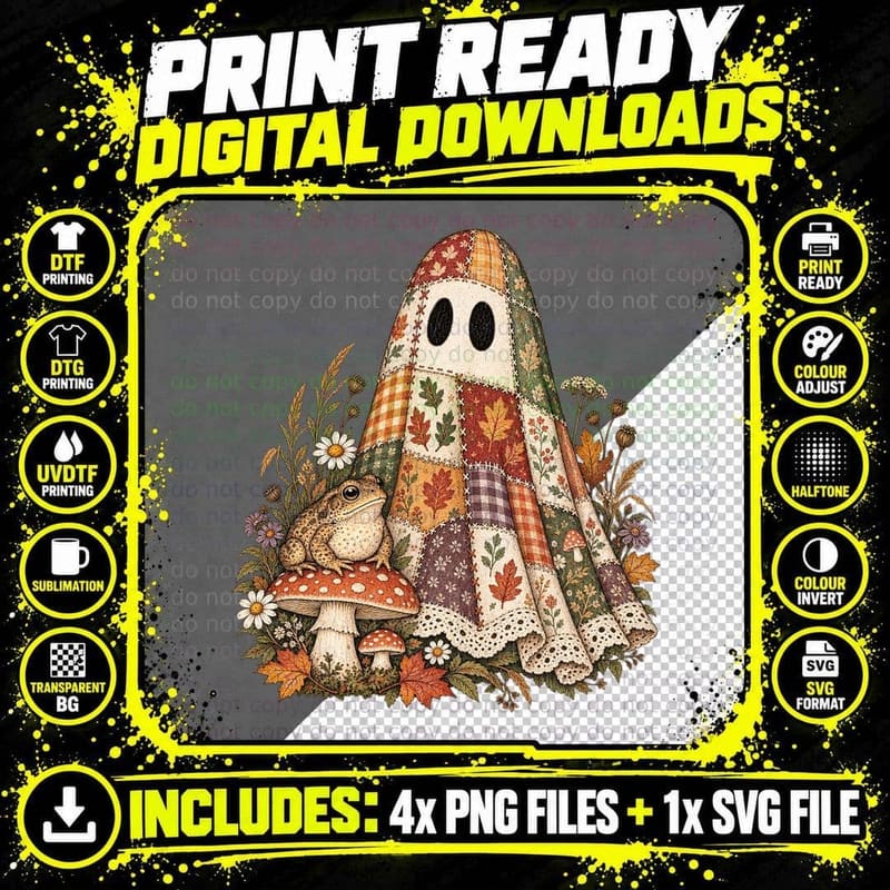 Patchwork Ghost Toad Mushroom Autumn Cottagecore Folk Png SVG Digital Bundle