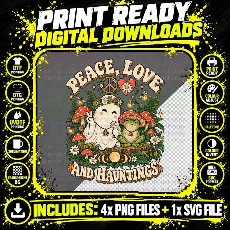 Peace Love Hauntings Retro Ghost Frog Mushroom Png SVG Digital Bundle