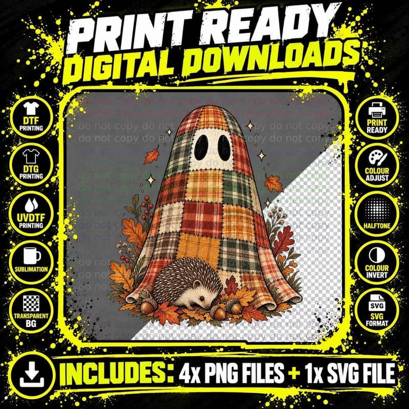 Plaid Ghost Hedgehog Autumn Cottagecore Halloween Png SVG Digital Bundle