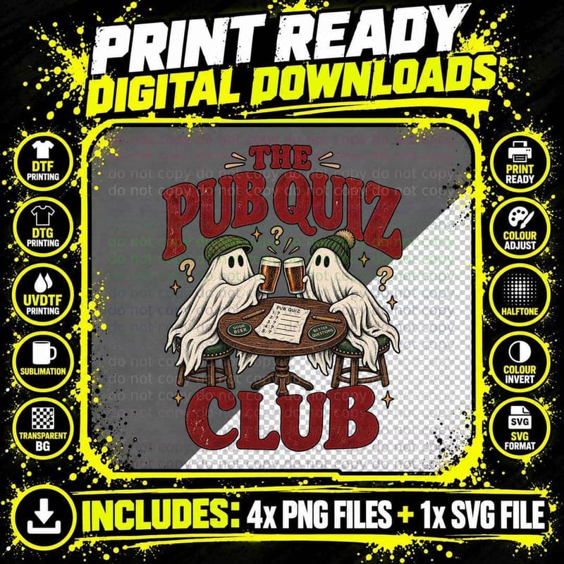 The Pub Quiz Club Ghosts Pints Trivia Night Beer Lover Halloween Retro T-Shirt Png SVG Digital Bundle