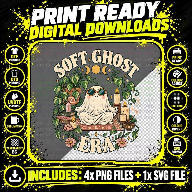 Soft Ghost Era Retro Boho Yoga Meditation Candle Png SVG Digital Bundle
