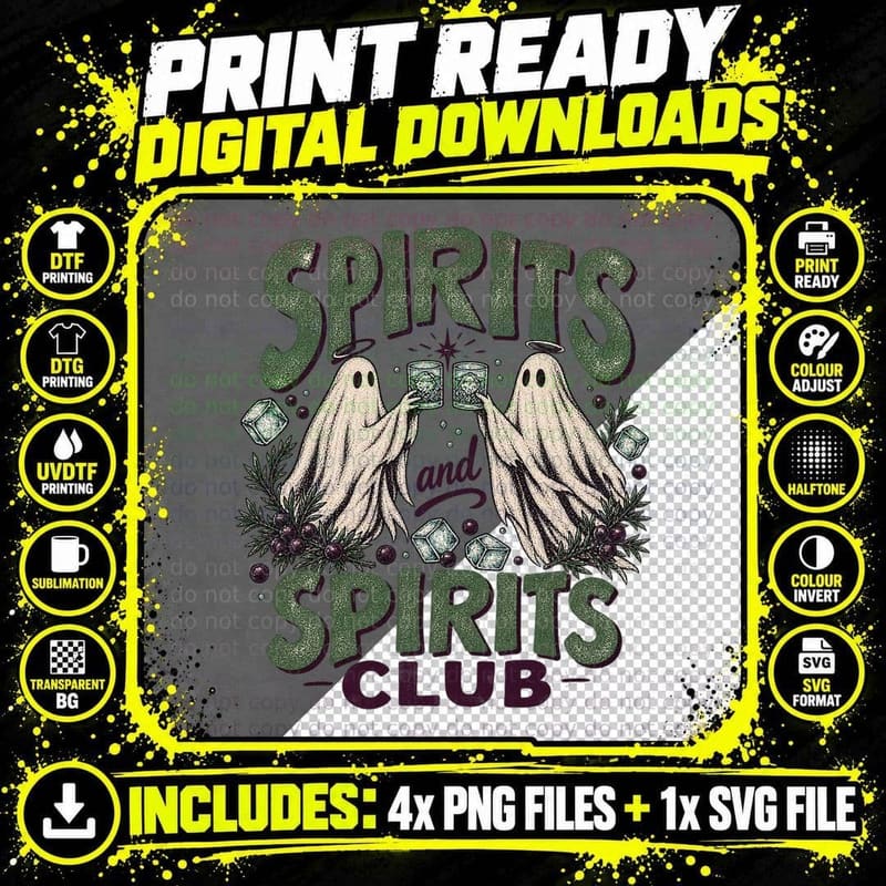 Spirits Club Ghosts Toasting Gin Glasses Juniper Halloween Drinking Pun T-Shirt Png SVG Digital Bundle