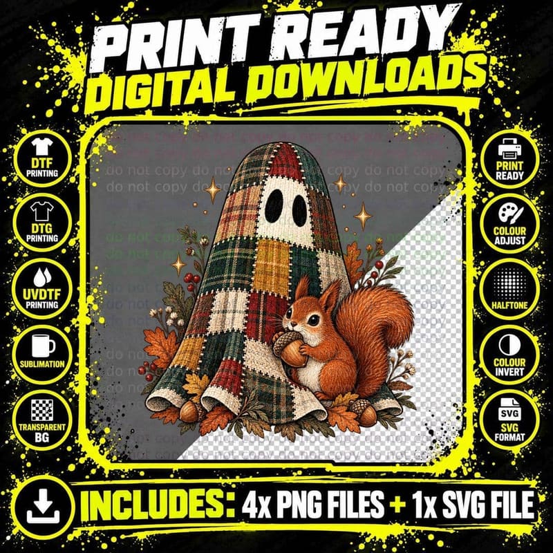 Tartan Ghost Red Squirrel Acorn Autumn Halloween Vintage Png SVG Digital Bundle