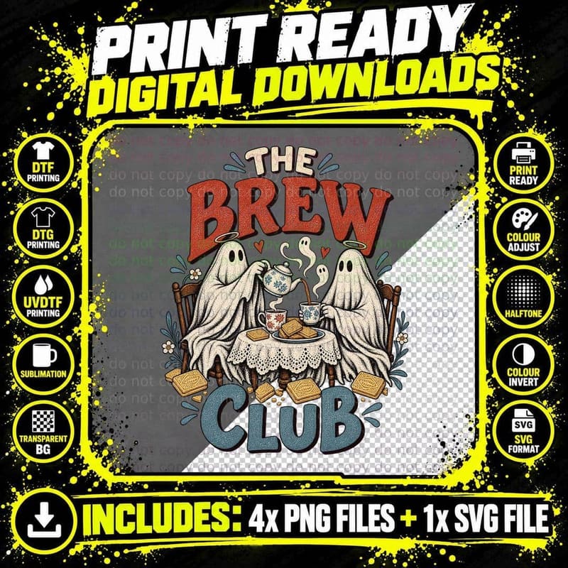The Brew Club Ghosts Teapot Cuppa Biscuits Tea Lover Halloween Spooky T-Shirt Png SVG Digital Bundle