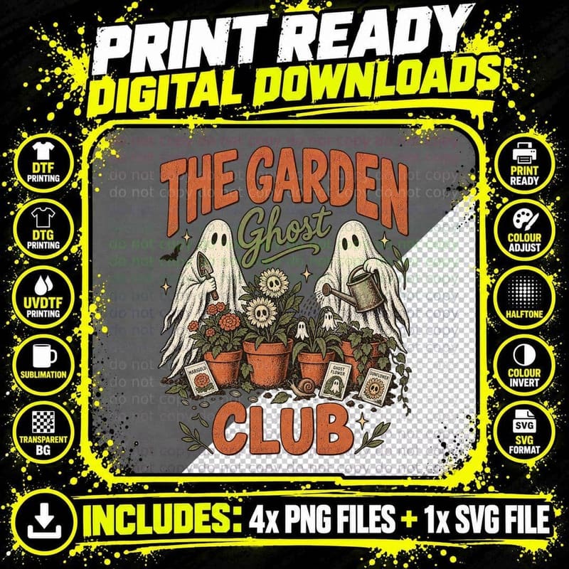 Garden Ghost Club Ghosts Watering Skull Flowers Plant Pots Halloween T-Shirt Png SVG Digital Bundle