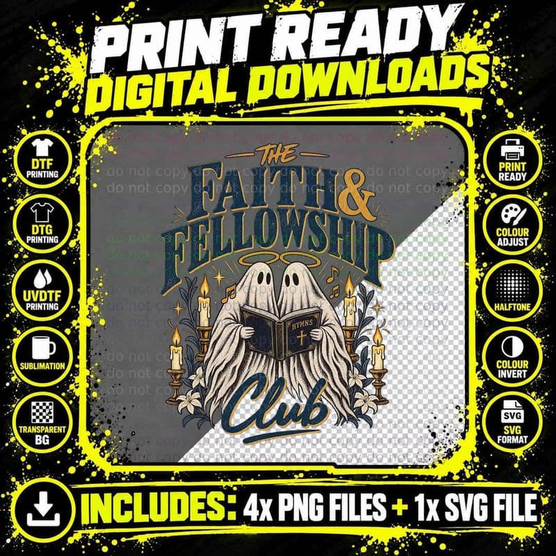 Faith and Fellowship Club Ghosts Hymn Book Candles Christian Halloween T-Shirt Png SVG Digital Bundle