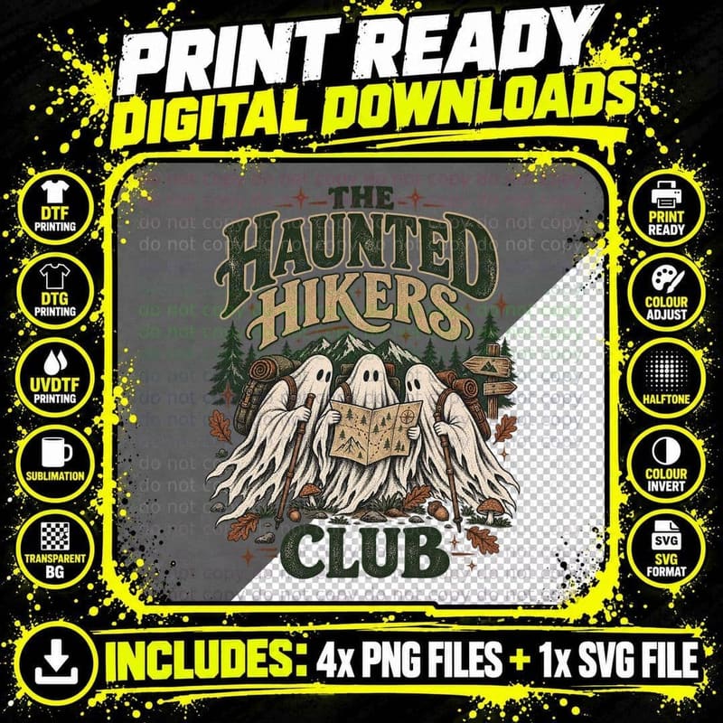 Haunted Hikers Club Ghosts Hiking Map Mountains Backpacks Halloween T-Shirt Png SVG Digital Bundle
