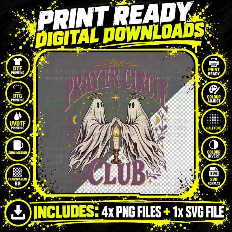Prayer Circle Club Ghosts Praying Candle Halos Christian Faith Halloween T-Shirt Png SVG Digital Bundle