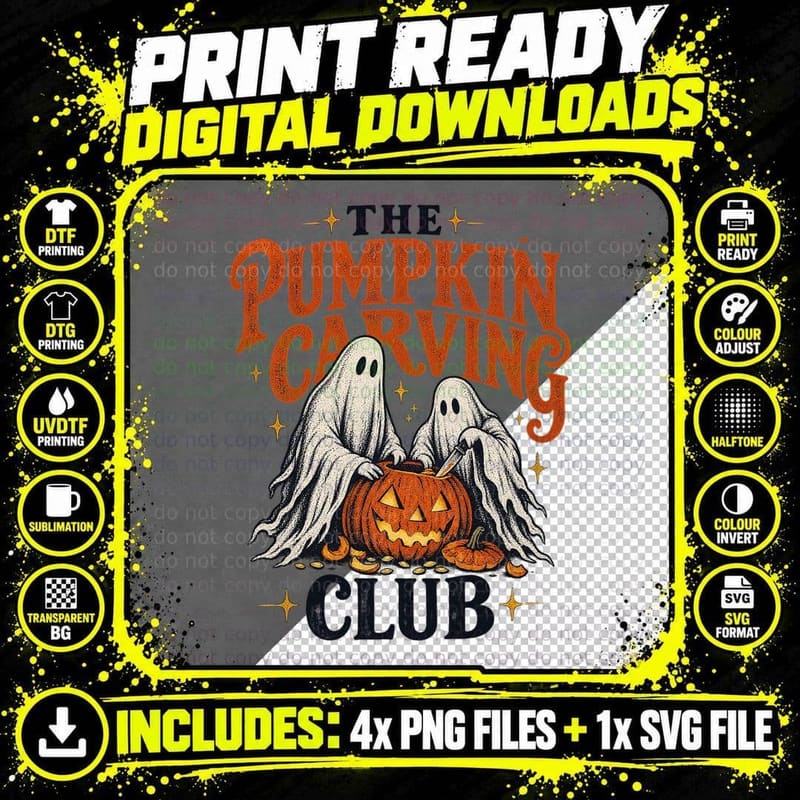 The Pumpkin Carving Club Ghosts Jack O Lantern Halloween Autumn Spooky T-Shirt Png SVG Digital Bundle