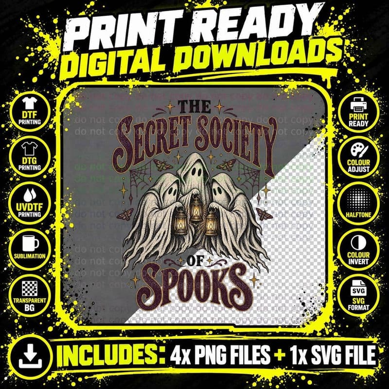 Secret Society of Spooks Hooded Ghosts Lanterns Moths Occult Halloween T-Shirt Png SVG Digital Bundle