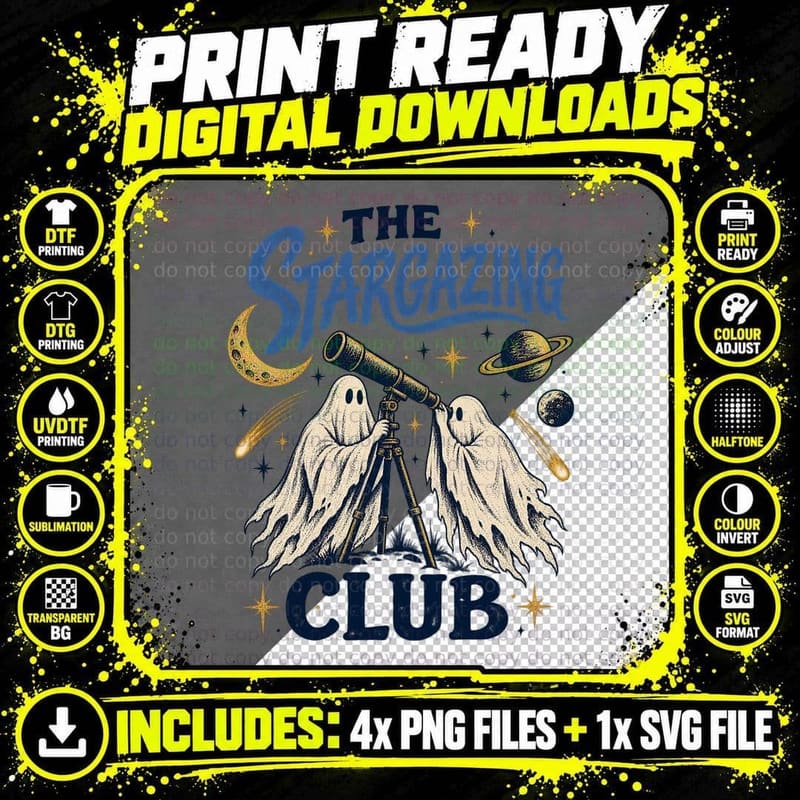The Stargazing Club Ghost Telescope Moon Planets Astronomy Celestial T-Shirt Png SVG Digital Bundle
