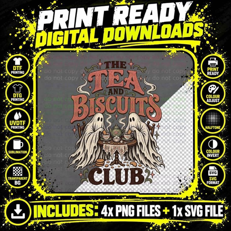 Tea and Biscuits Club Ghosts Teapot Cottagecore Halloween British Cuppa T-Shirt Png SVG Digital Bundle