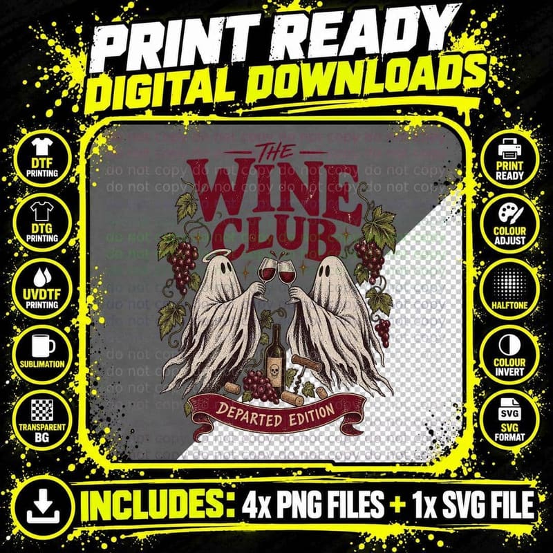 The Wine Club Departed Edition Ghosts Toasting Red Glasses Halloween T-Shirt Png SVG Digital Bundle