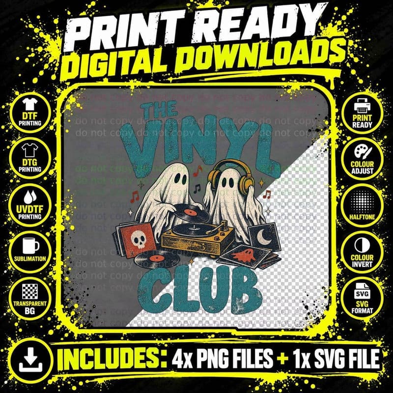 The Vinyl Club Ghosts Record Player Turntable Headphones Music Halloween T-Shirt Png SVG Digital Bundle