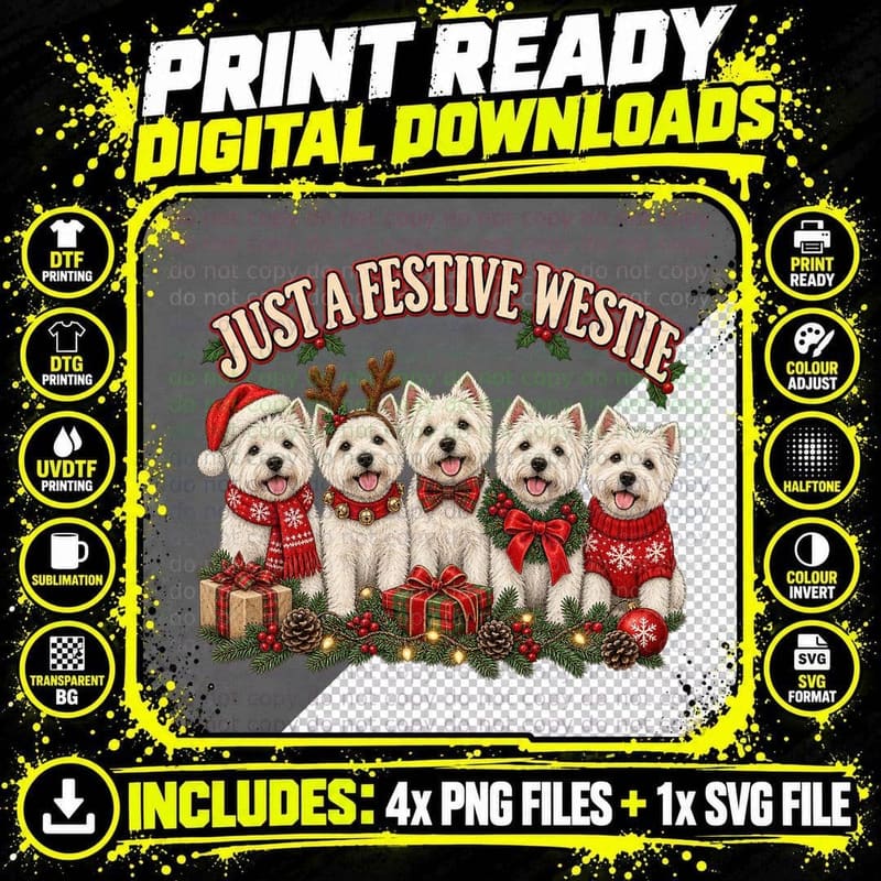 Christmas Westie Highland Terrier Vintage Festive Png SVG Digital Bundle