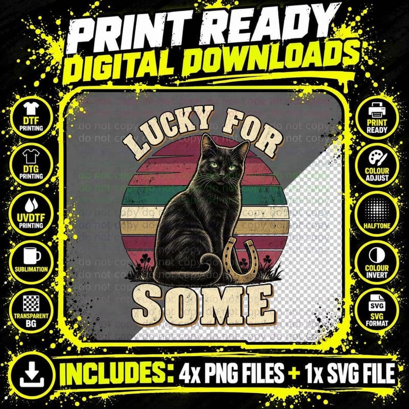 Black Cat Lucky For Some Horseshoe Retro Cat Lover Png SVG Digital Bundle