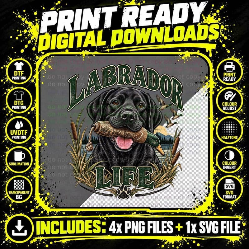 Black Labrador Life Duck Decoy Gun Dog Wildfowl Reeds Vintage T-Shirt Png SVG Digital Bundle