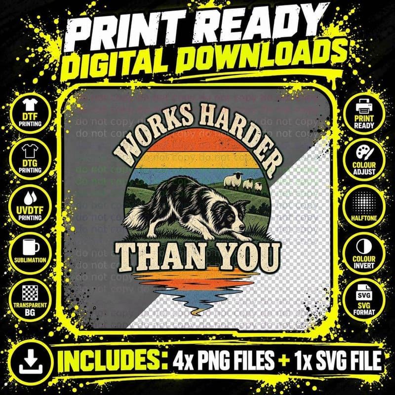 Border Collie Works Harder Than You Retro Sunset Vintage Png SVG Digital Bundle