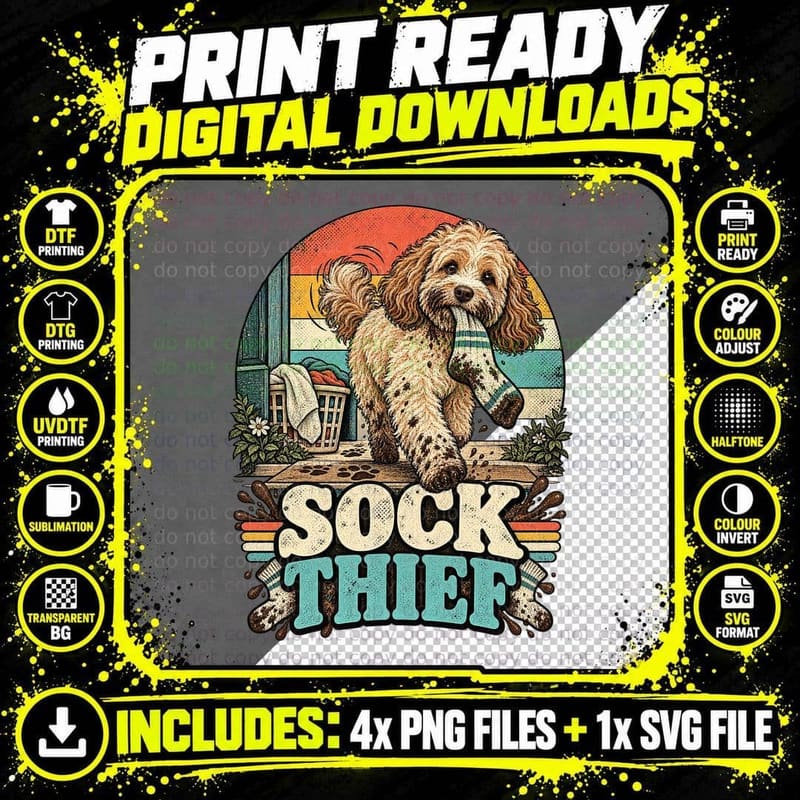 Cockapoo Sock Thief Funny Muddy Paws Dog Retro Sunset Laundry Basket T-Shirt Png SVG Digital Bundle