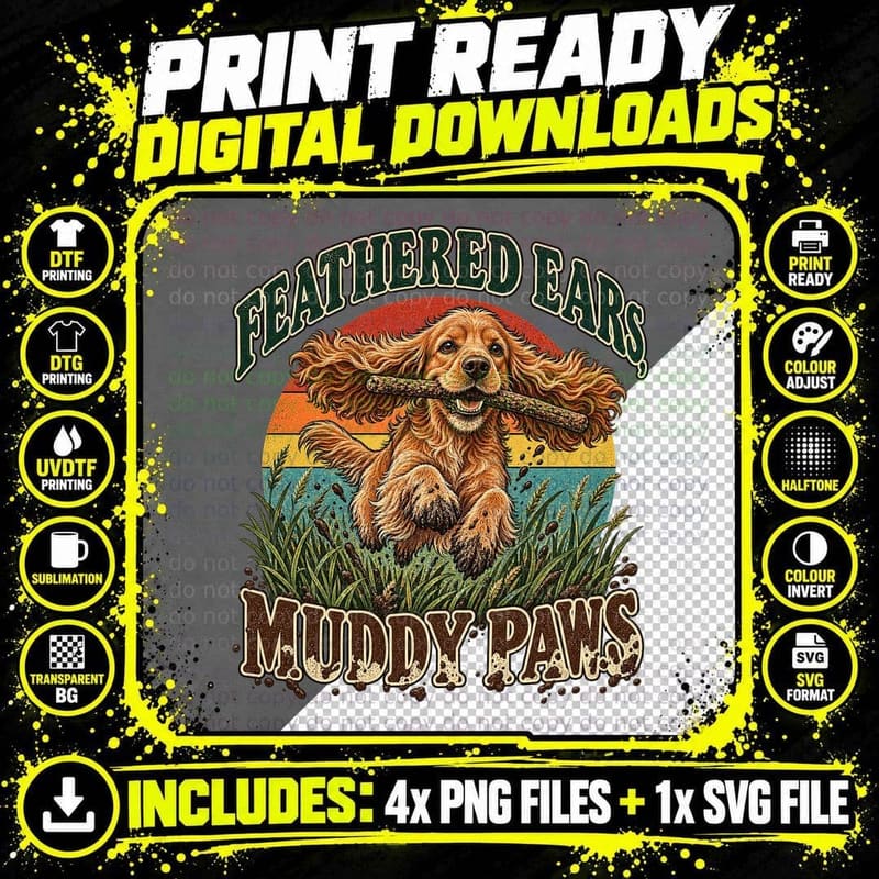 Cocker Spaniel Muddy Paws Retro Sunset Vintage Spaniel Png SVG Digital Bundle