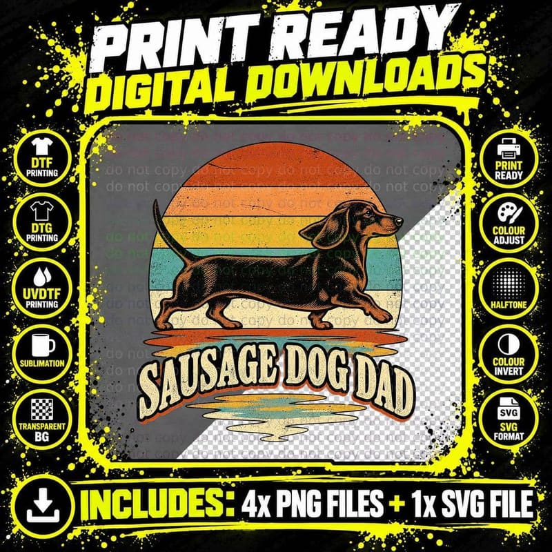 Dachshund Dad Sausage Dog Retro Sunset Vintage Wiener Png SVG Digital Bundle