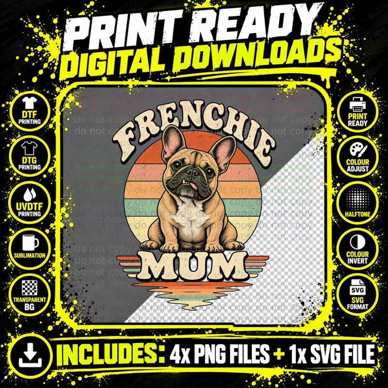 Frenchie Mum French Bulldog Retro Sunset Vintage Dog Png SVG Digital Bundle