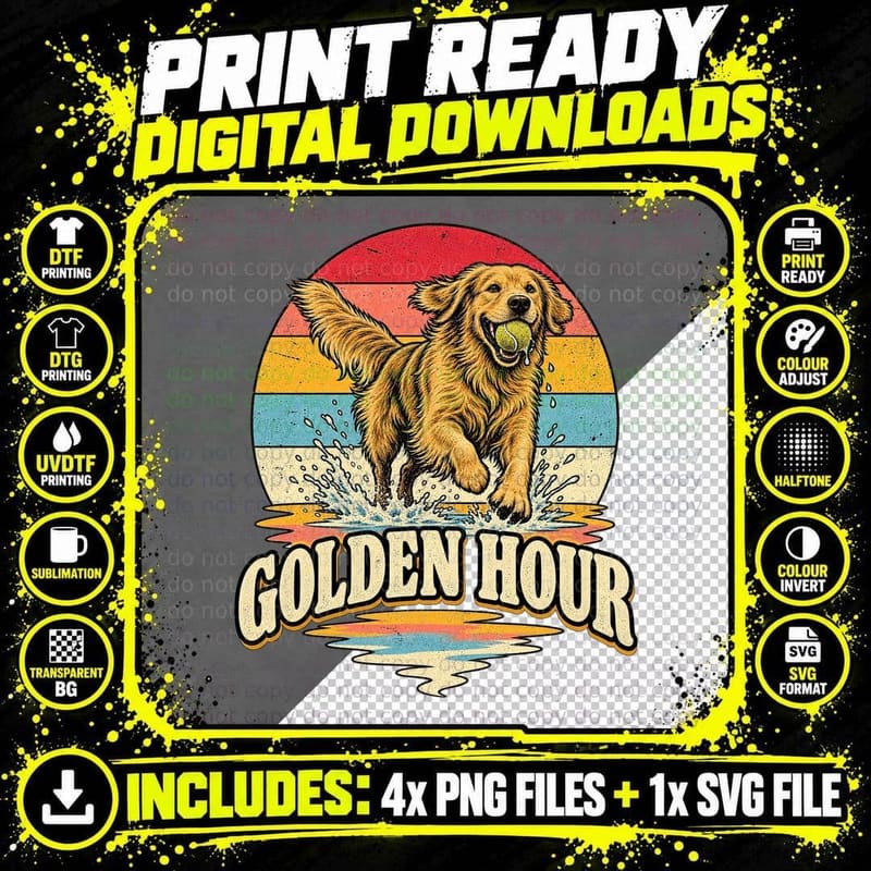 Golden Retriever Golden Hour Retro Sunset Vintage Dog Png SVG Digital Bundle