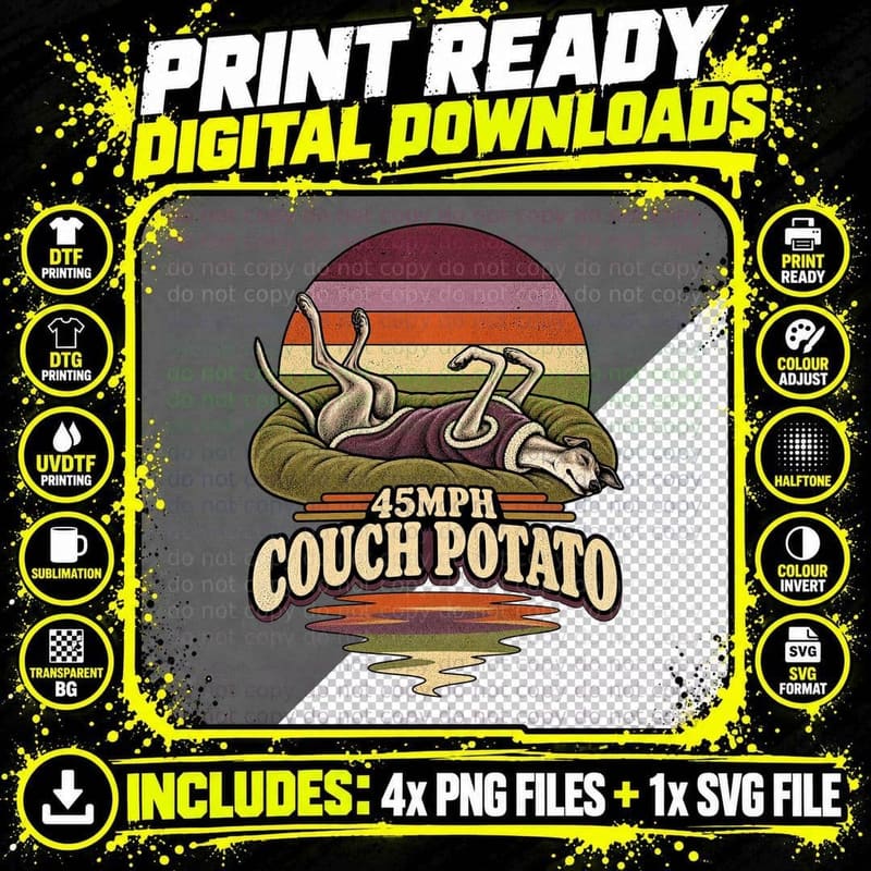 Greyhound Couch Potato 45MPH Retro Sunset Vintage Dog Png SVG Digital Bundle