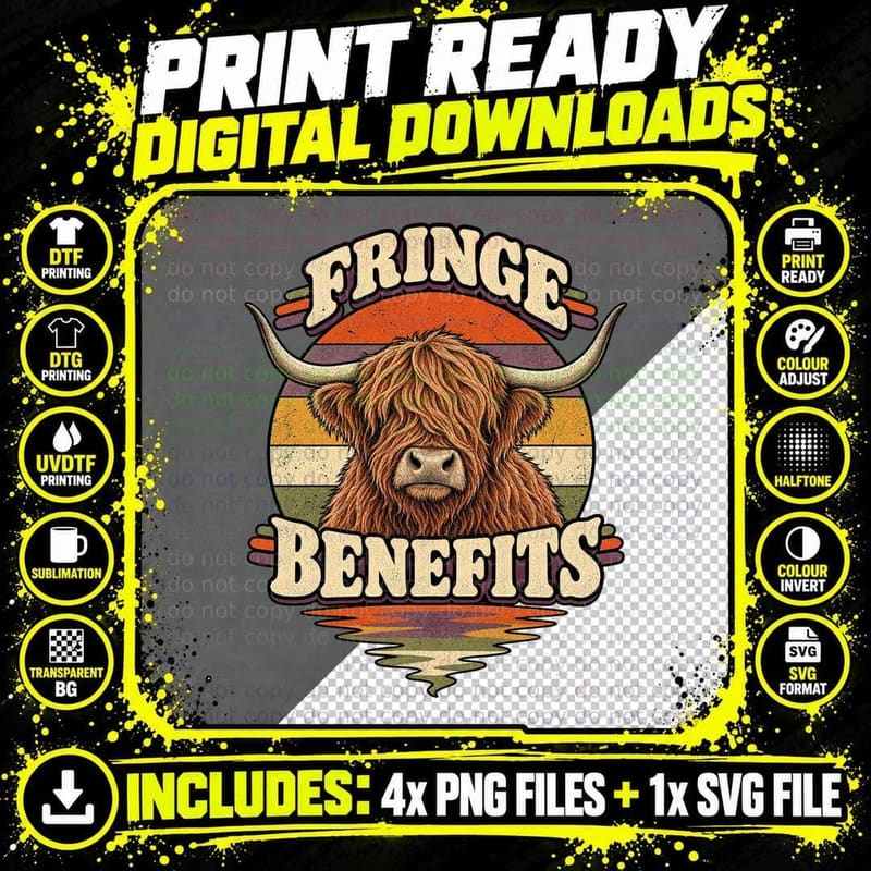 Highland Cow Fringe Benefits Retro Sunset Vintage Png SVG Digital Bundle