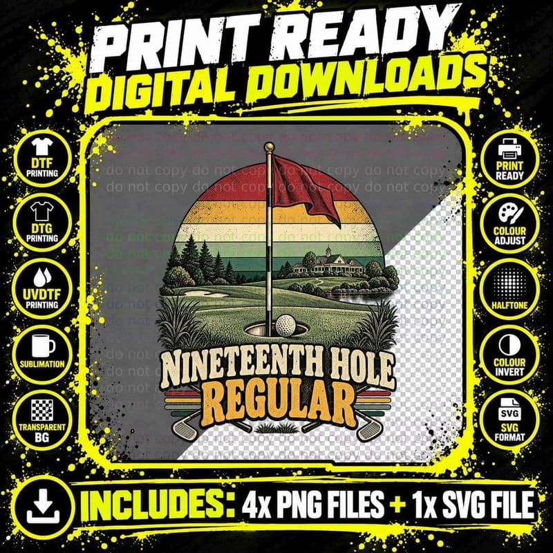 Nineteenth Hole Regular Golf Flag Clubhouse Funny Golfer Retro Sunset T-Shirt Png SVG Digital Bundle