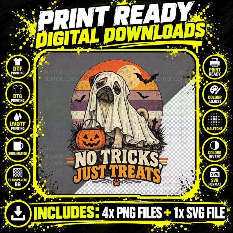 Pug Ghost Costume No Tricks Just Treats Halloween Pumpkin Bats Retro T-Shirt Png SVG Digital Bundle