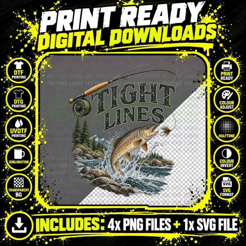 Tight Lines Fly Fishing Leaping Brown Trout River Rod Reel Vintage T-Shirt Png SVG Digital Bundle