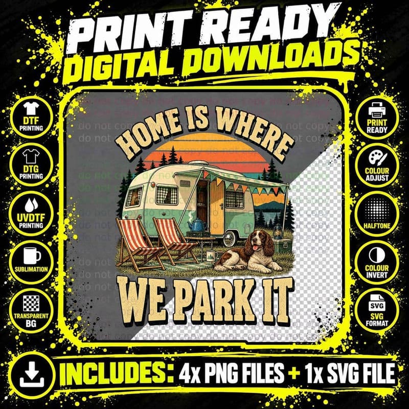 Home Is Where We Park It Vintage Caravan Spaniel Deckchairs Camping T-Shirt Png SVG Digital Bundle