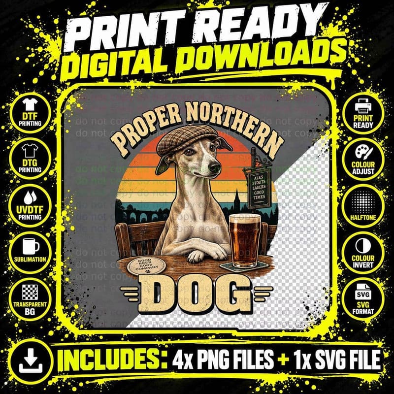 Whippet Proper Northern Dog Flat Cap Pint Pub Funny Retro Sunset T-Shirt Png SVG Digital Bundle