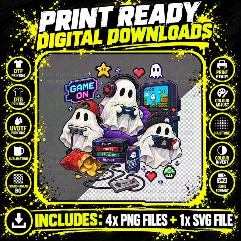 Gaming Ghost Gamer Controller Headset Pixel Retro Png SVG Digital Bundle
