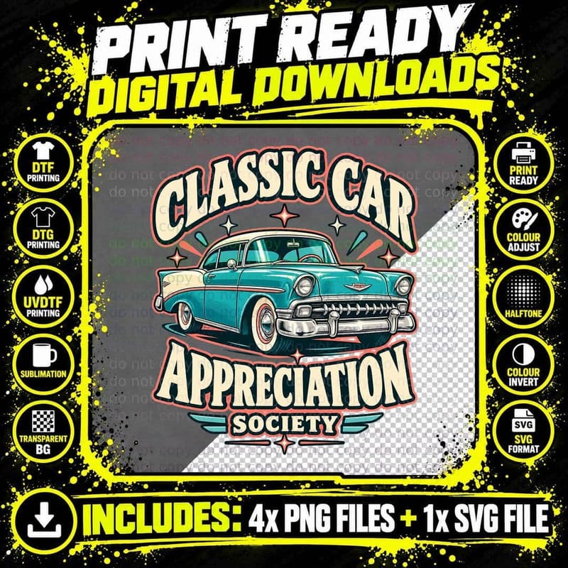 Classic Car Appreciation Society Retro 50s Turquoise Vintage Auto Lover T-Shirt Png SVG Digital Bundle