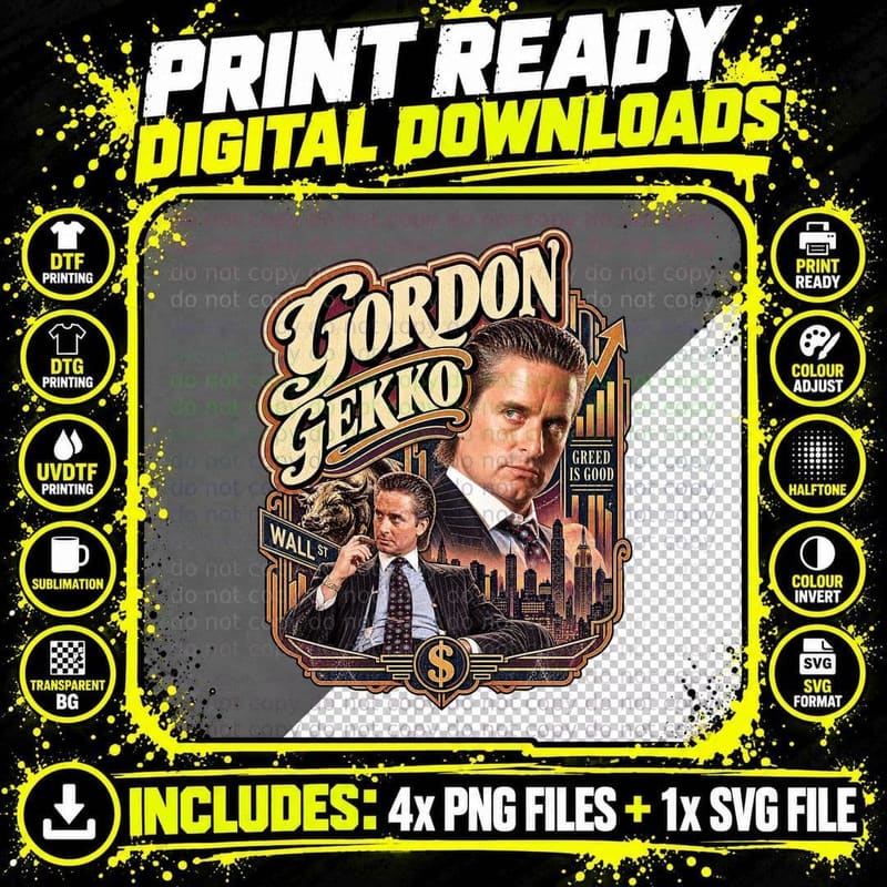 Gordon Gekko Greed Is Good 80s Stock Market Finance Movie Michael Retro T-Shirt Png SVG Digital Bundle