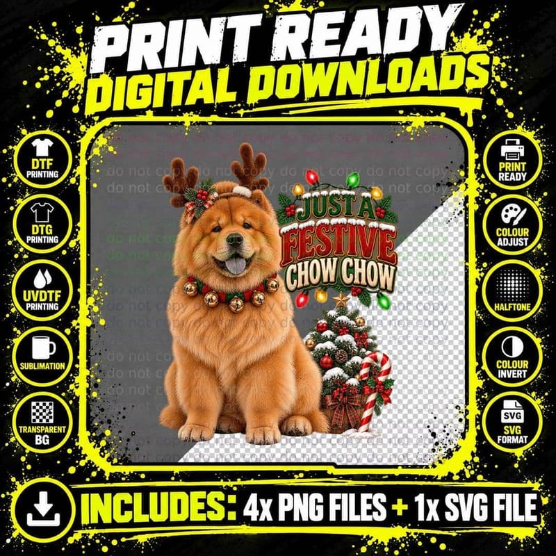 Chow Chow Christmas Reindeer Funny Holiday Dog Lover Png SVG Digital Bundle