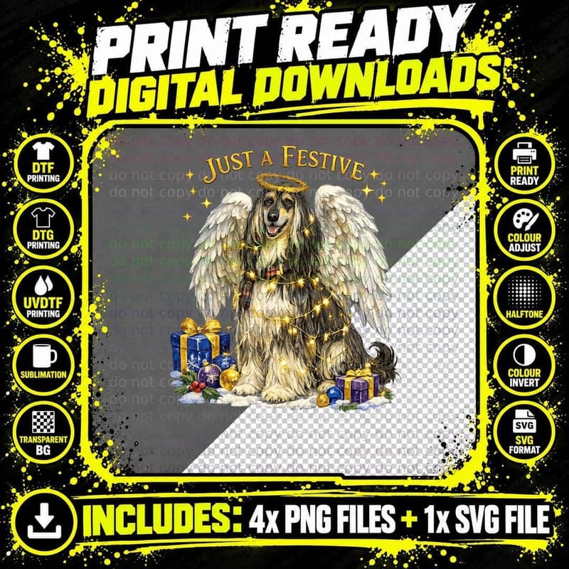 Afghan Hound Christmas Angel Wings Halo Fairy Lights Festive Dog T-Shirt Png SVG Digital Bundle