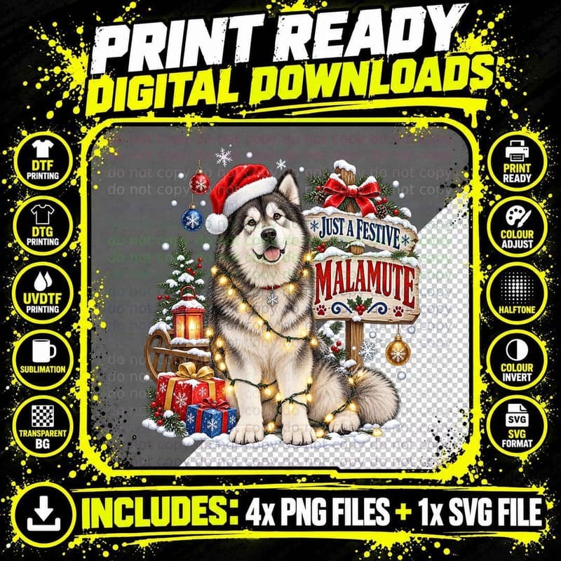 Just A Festive Alaskan Malamute Santa Hat Fairy Lights Christmas Dog T-Shirt Png SVG Digital Bundle