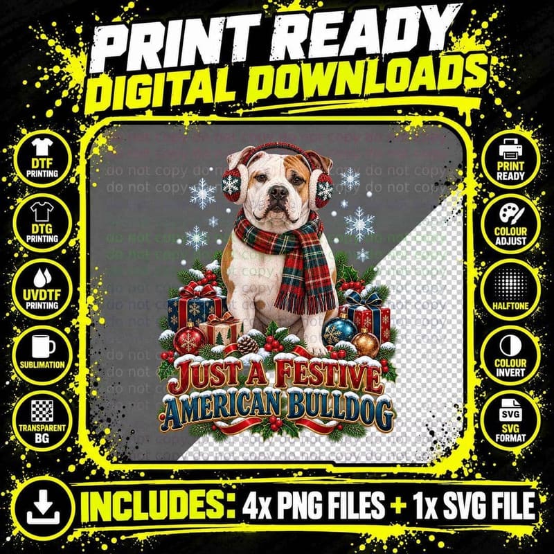 Christmas American Bulldog Dog Festive Pet Lover Winter Png SVG Digital Bundle