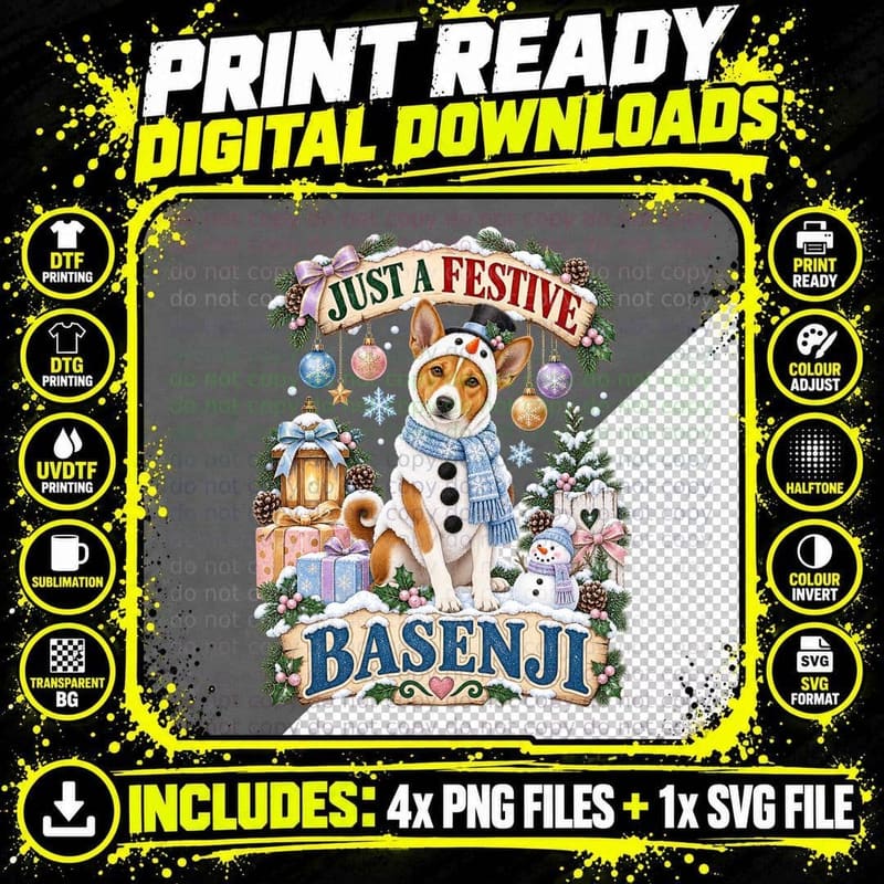 Just A Festive Basenji Snowman Costume Pastel Baubles Christmas Dog T-Shirt Png SVG Digital Bundle