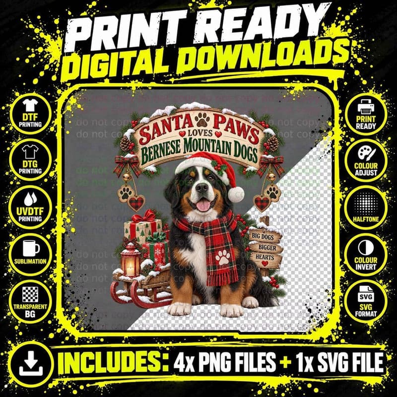 Santa Paws Loves Bernese Mountain Dogs Bigger Hearts Tartan Xmas T-Shirt Png SVG Digital Bundle