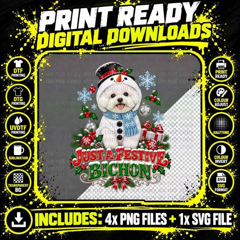 Christmas Bichon Frise Funny Dog Lover Snowman Holiday Png SVG Digital Bundle