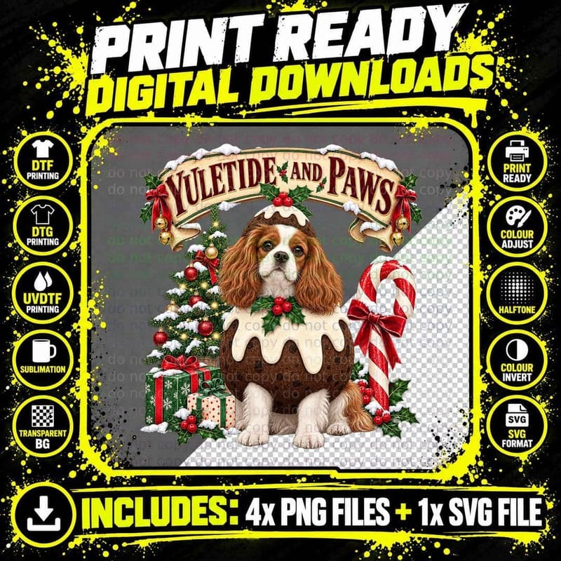 Yuletide And Paws Cavalier King Charles Spaniel Christmas Pudding T-Shirt Png SVG Digital Bundle
