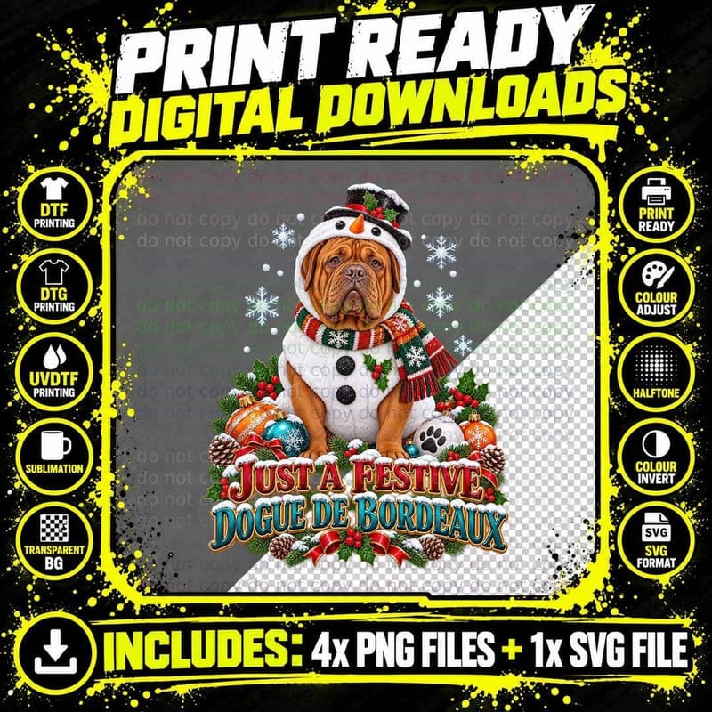 Christmas Dogue de Bordeaux Snowman Festive Dog Lover Png SVG Digital Bundle