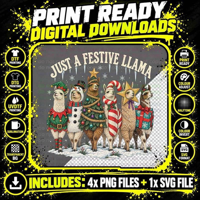 Just A Festive Llama Herd Elf Snowman Tree Star Costumes Funny Xmas T-Shirt Png SVG Digital Bundle