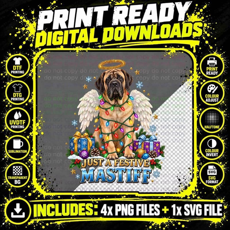 Christmas Mastiff Dog Angel Festive Pet Lover Fairy Png SVG Digital Bundle