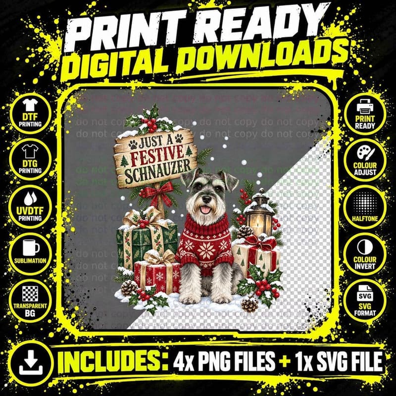 Just A Festive Miniature Schnauzer Red Ugly Christmas Sweater Dog T-Shirt Png SVG Digital Bundle
